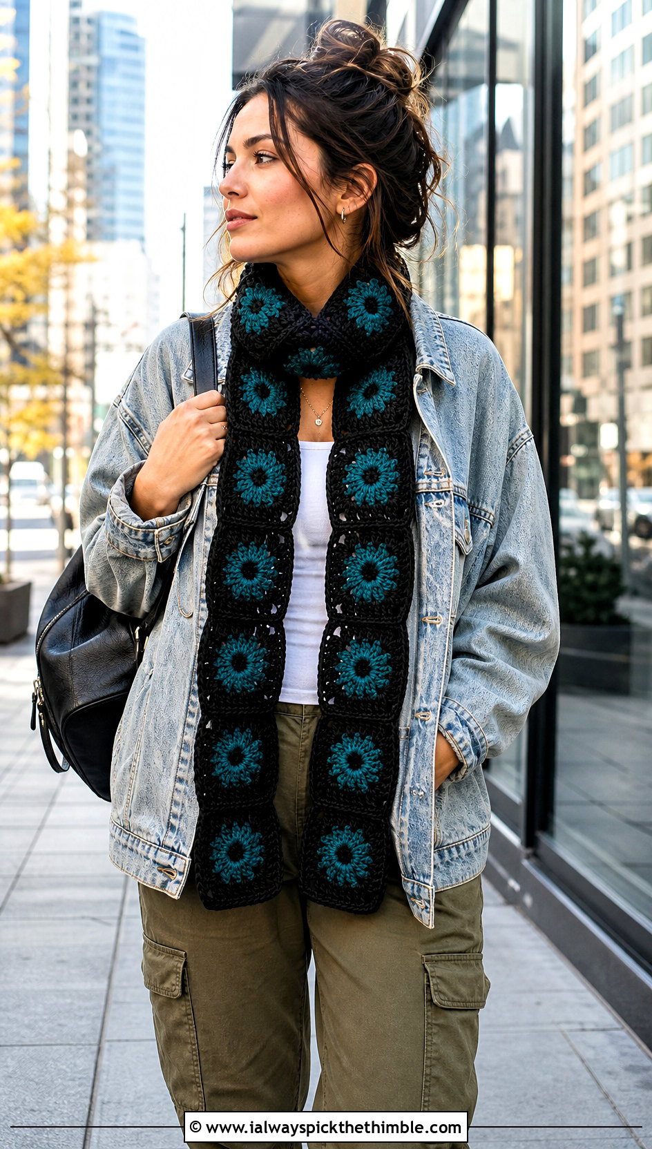 Black Granny Square Crochet Scarf With Denim Jacket And Cargo Pants - 15 Handmade Black Crochet Scarf outfit ideas