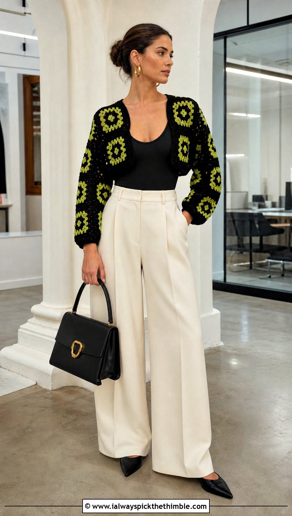Black Granny Square Shrug With Wide Leg Trousers - 25 black crochet shrug outfit ideas