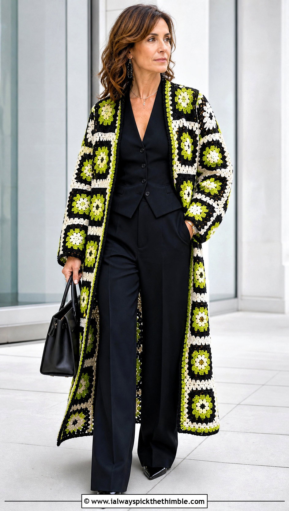 Black Ground Granny Square Robe With Tailored Suit - 20 granny square robe outfit ideas