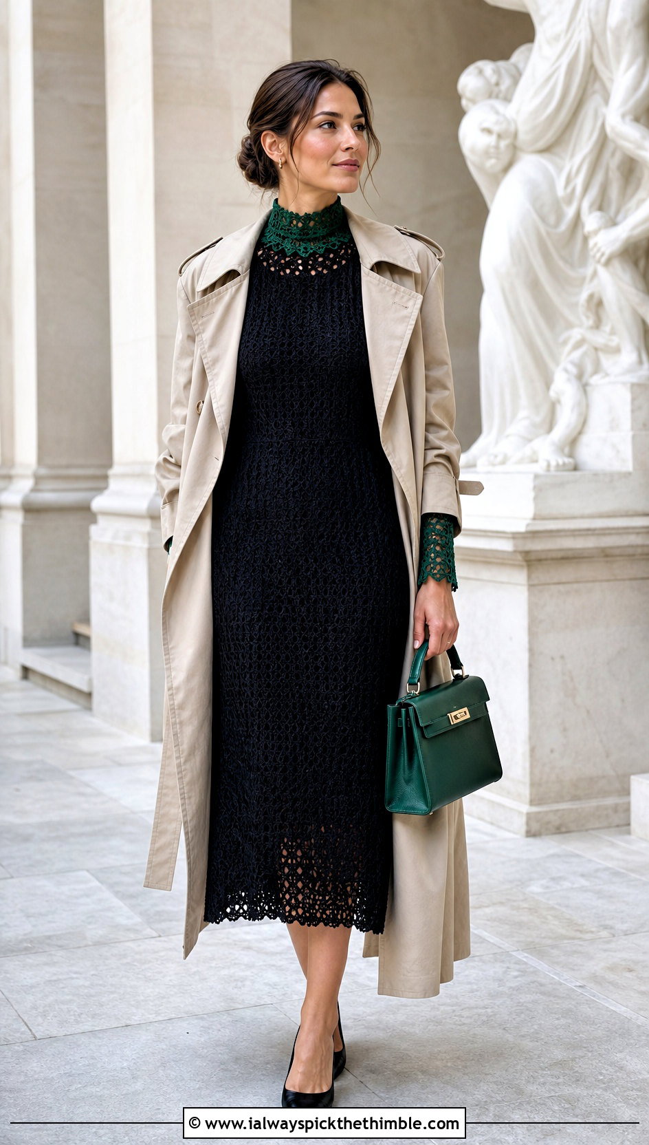 Black High Neck Crochet Midi Dress With Trench Coat - 25 black crochet dress outfit ideas