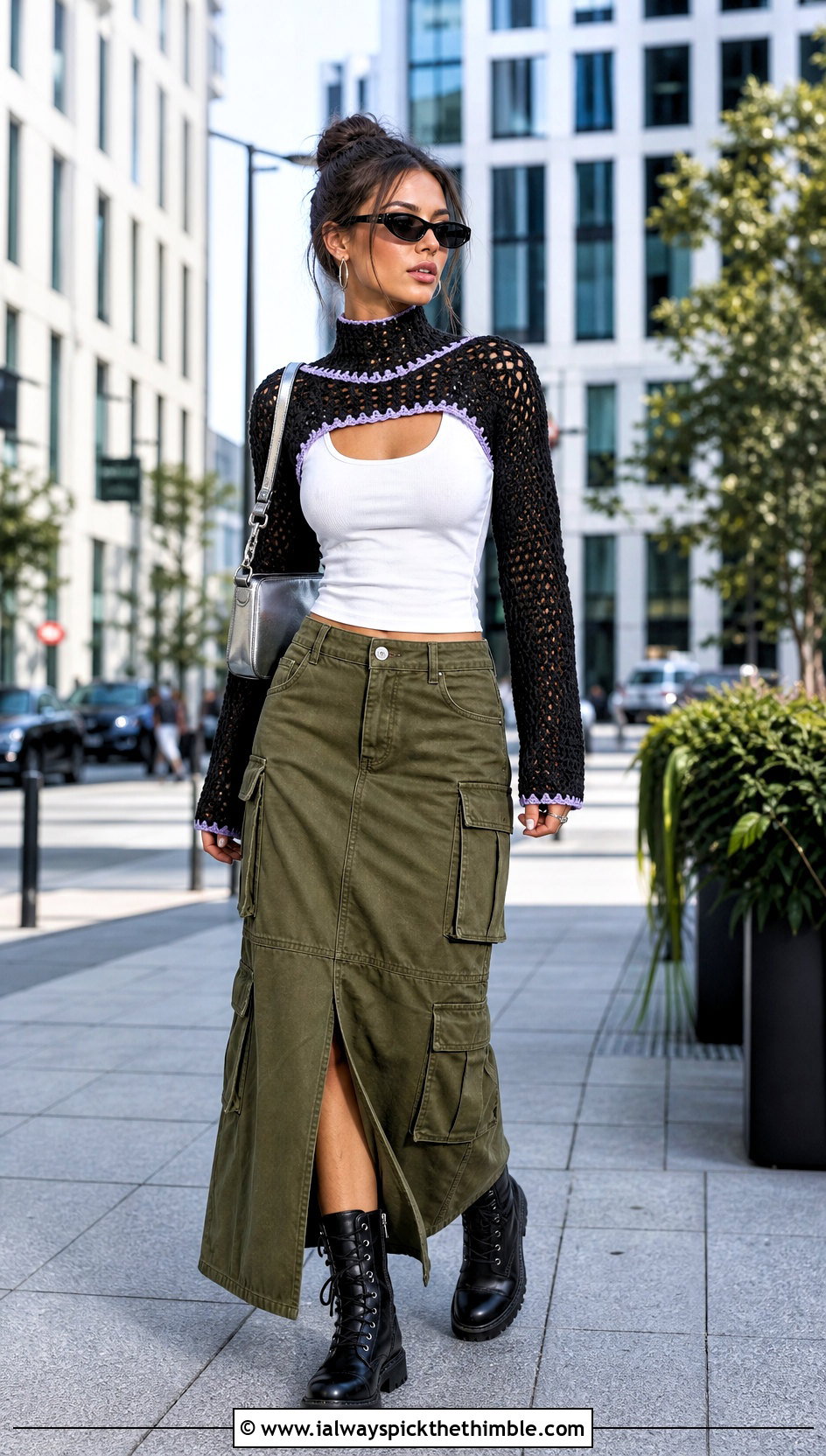 Black High Neck Sleeve Shrug With Cargo Maxi Skirt - 25 black crochet shrug outfit ideas