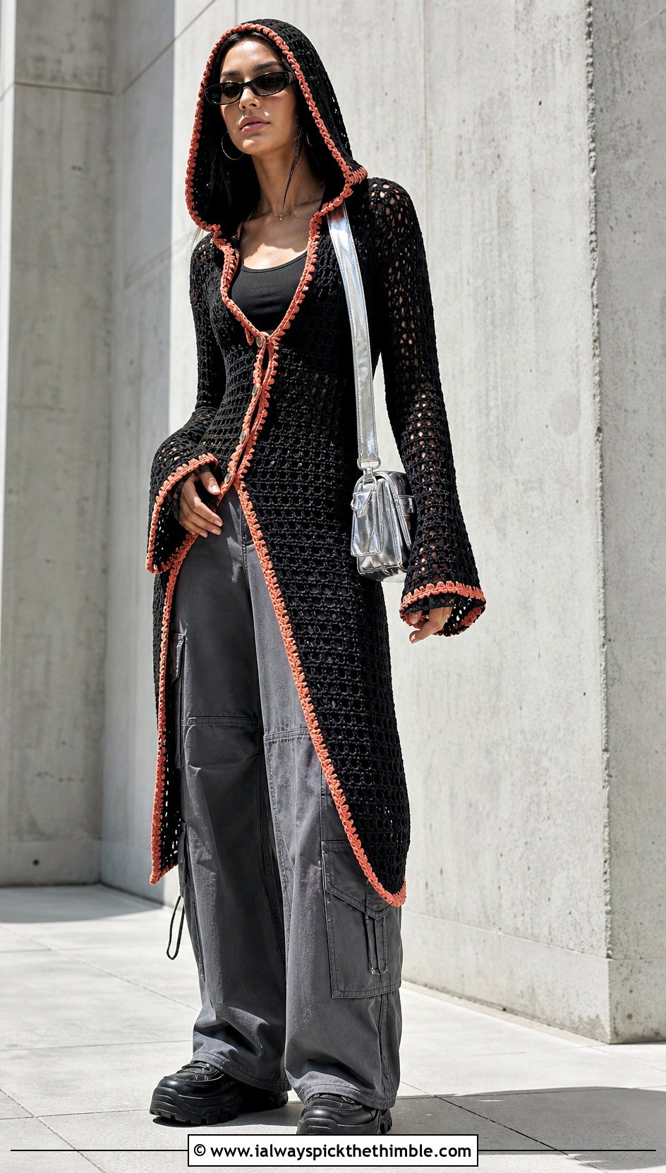Black Hooded Crochet Midi Dress With Cargo Pants - 25 black crochet dress outfit ideas