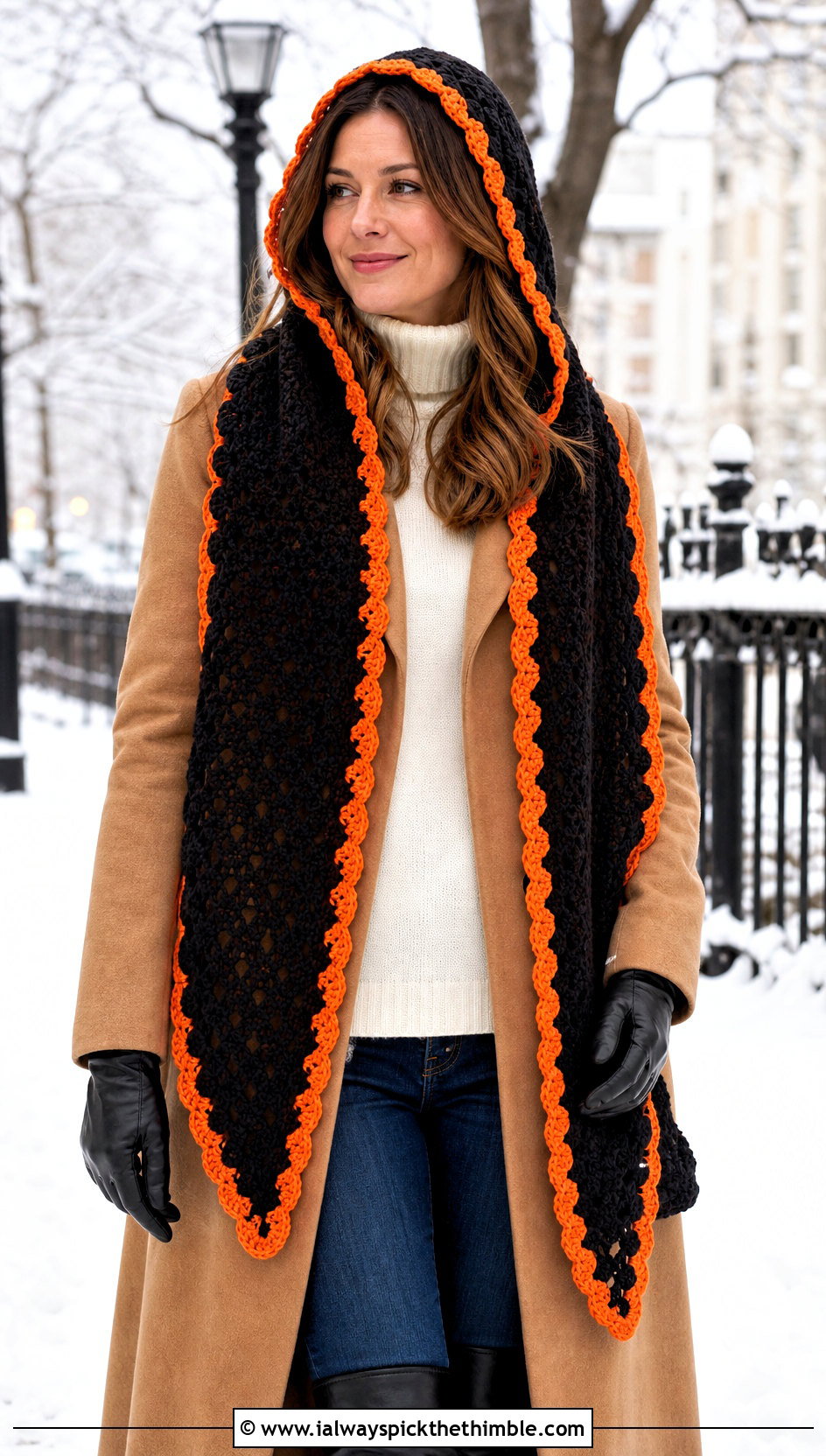 Black Hooded Crochet Scarf With Wool Coat And Tall Boots - 15 Handmade Black Crochet Scarf outfit ideas