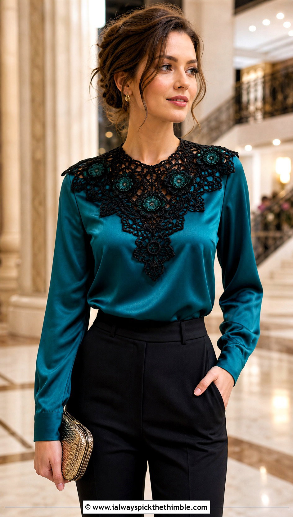 Black Irish Crochet Lace Collar With Satin Blouse And Trousers - 15 Black Crocheted Lace Collar outfit ideas