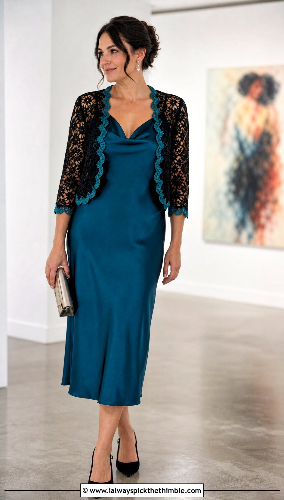 Black Lace Crochet Bolero With Satin Slip Dress - 20 black crochet bolero outfit ideas