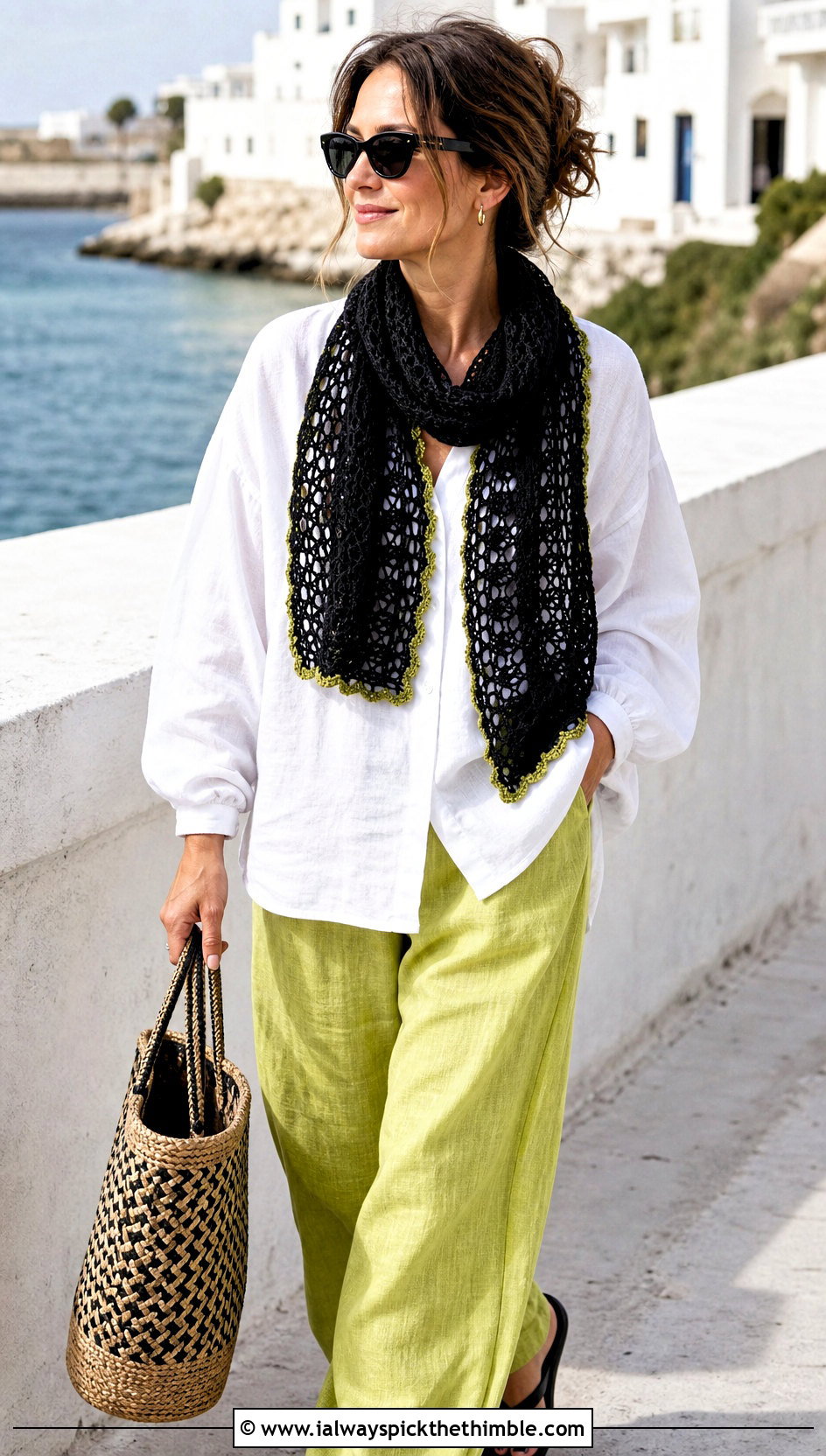 Black Lace Mesh Crochet Scarf With Linen Shirt And Wide Leg Pants - 15 Handmade Black Crochet Scarf outfit ideas