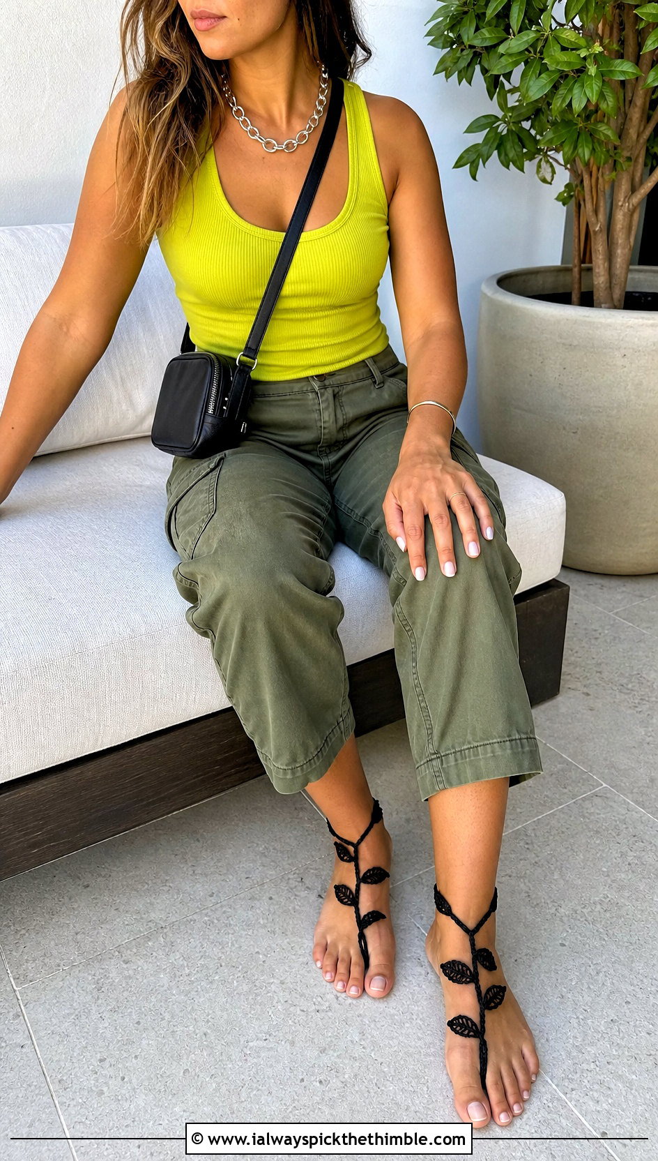 Black Leaf Vine Crochet Barefoot Sandals With Cargo Pants - 15 black crochet barefoot sandals outfit ideas