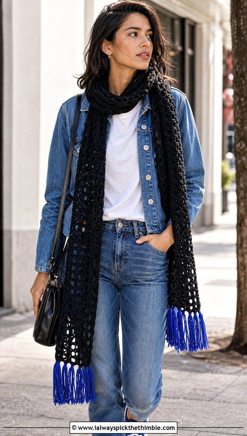 Black Long Fringe Crochet Scarf With White Tee And Jeans - 15 Handmade Black Crochet Scarf outfit ideas