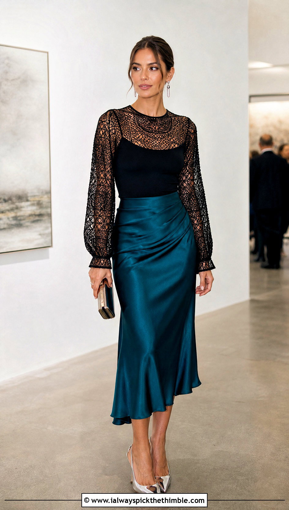 Black Long Sleeve Crochet Top With Satin Skirt - 25 black crochet top outfit ideas