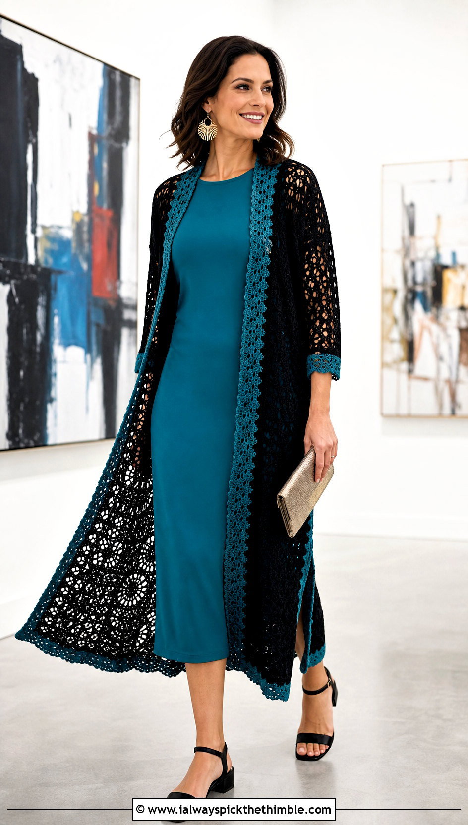 Black Longline Crochet Duster Cardigan With Column Dress - 25 black crochet cardigan outfit ideas
