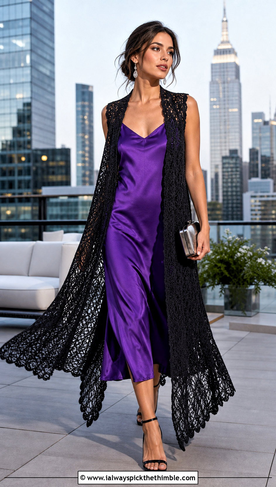 Black Longline Lace Crochet Vest With Slip Dress - 15 Black Crochet Summer Vest outfit ideas
