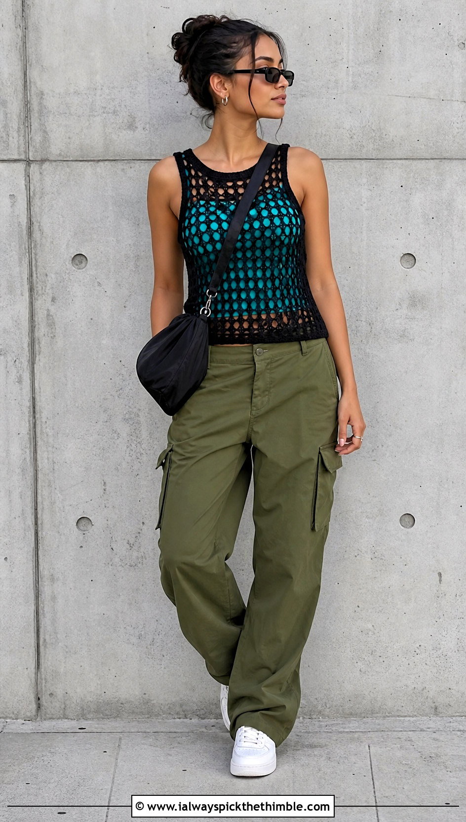 Black Mesh Crochet Tank Top With Cargo Pants - 25 black crochet top outfit ideas