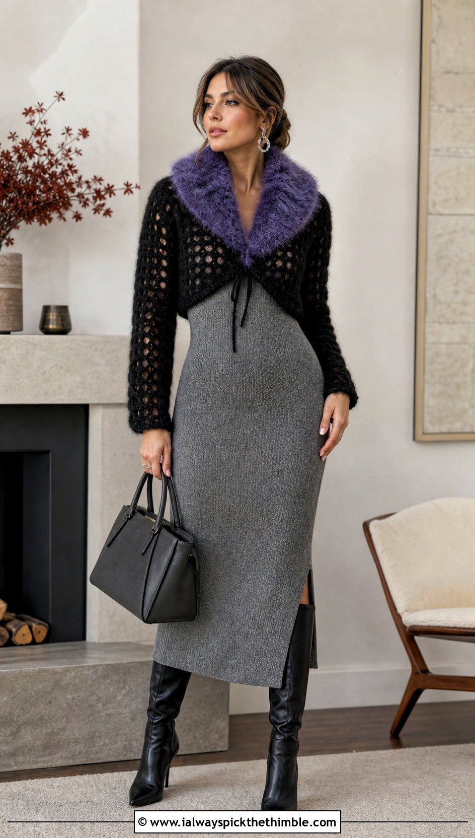 Black Mohair Collar Bolero With Knit Dress - 25 black crochet shrug outfit ideas