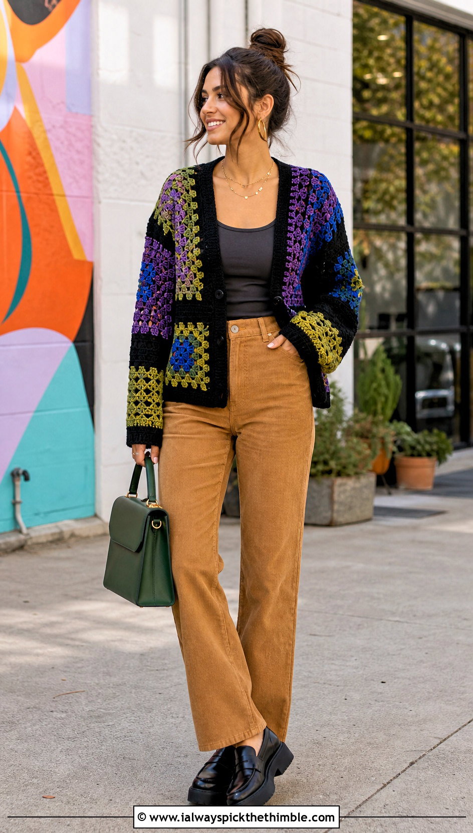 Black Patchwork Crochet Cardigan With Corduroy Pants - 25 black crochet cardigan outfit ideas