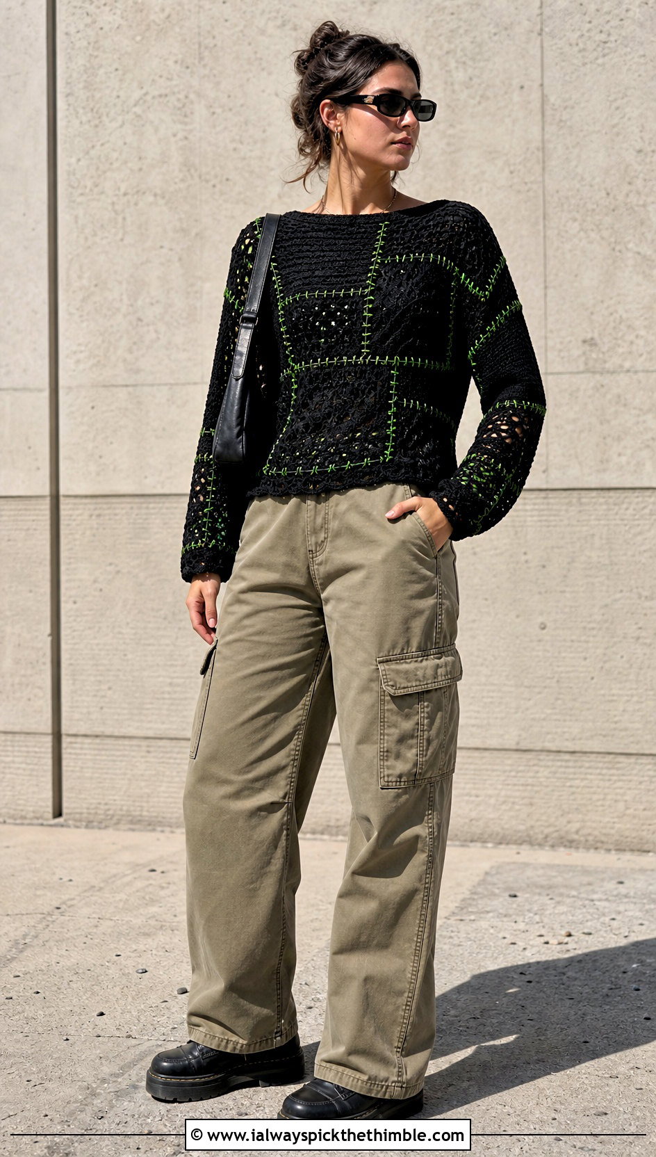 Black Patchwork Crochet Sweater With Cargo Pants - 25 black crochet sweater outfit ideas