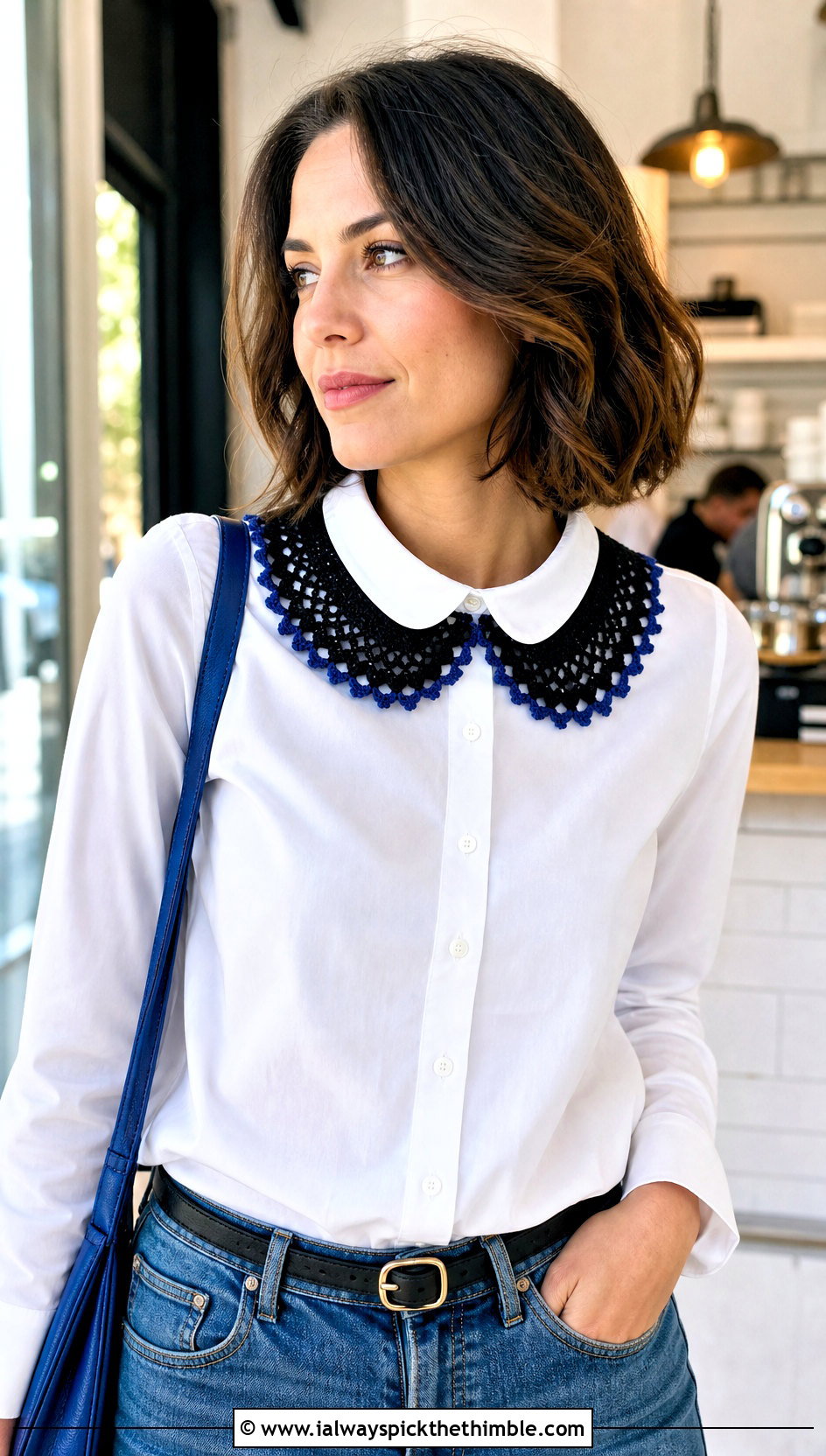 Black Peter Pan Crochet Lace Collar With White Shirt And Jeans - 15 Black Crocheted Lace Collar outfit ideas