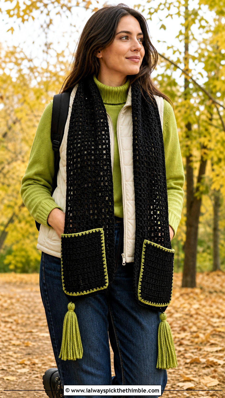 Black Pocket Crochet Scarf With Quilted Vest And Relaxed Jeans - 15 Handmade Black Crochet Scarf outfit ideas