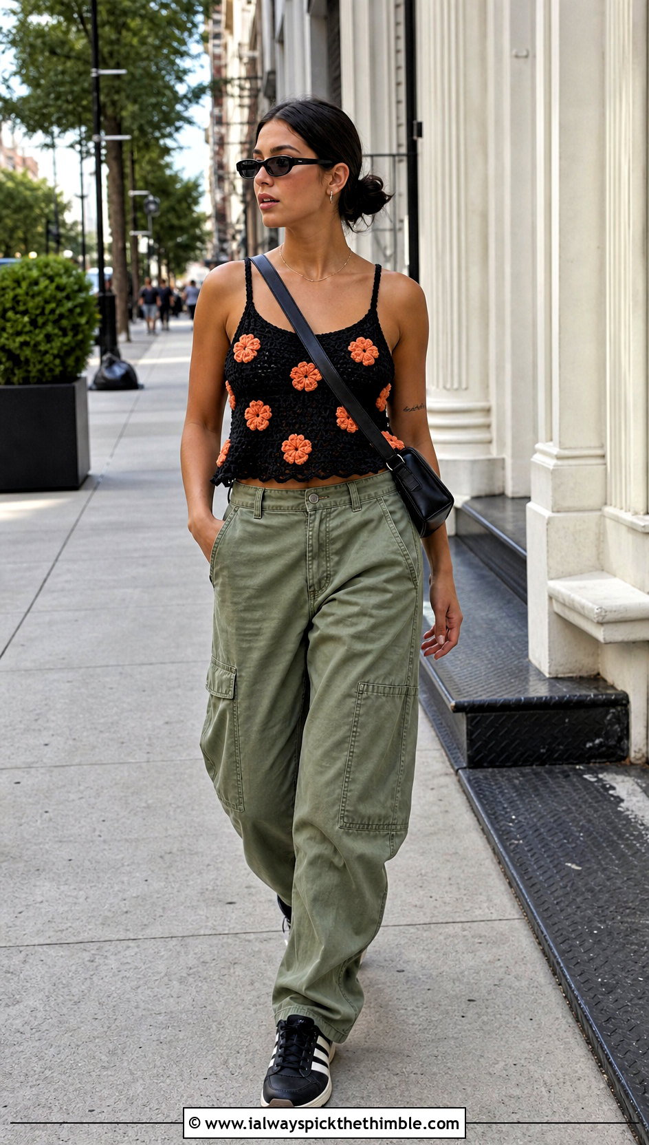 Black Puff Flower Crochet Camisole With Cargo Pants - 15 black crochet top with flowers outfit ideas