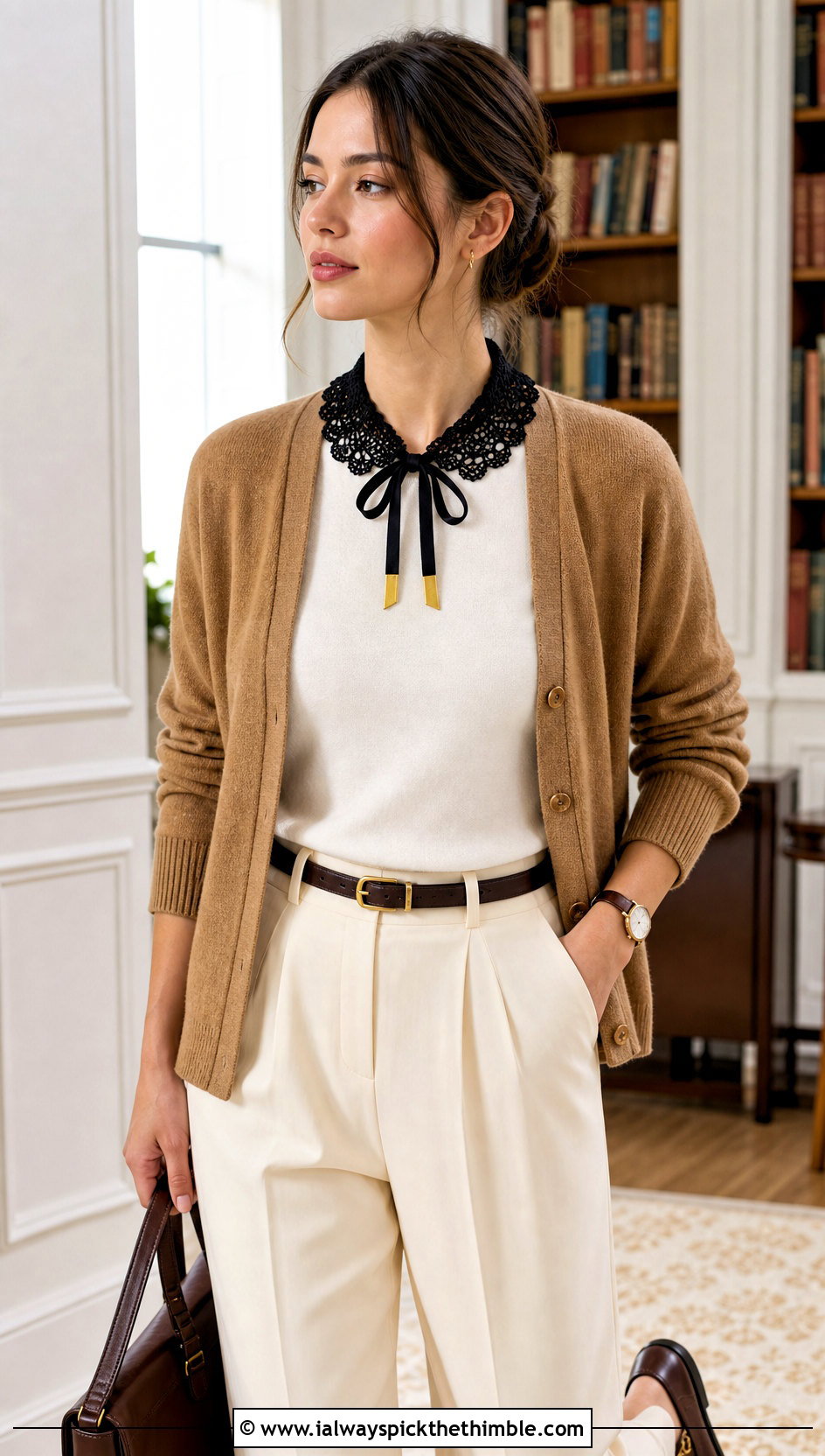 Black Ribbon Tied Crochet Lace Collar With Cardigan And Pleated Pants - 15 Black Crocheted Lace Collar outfit ideas