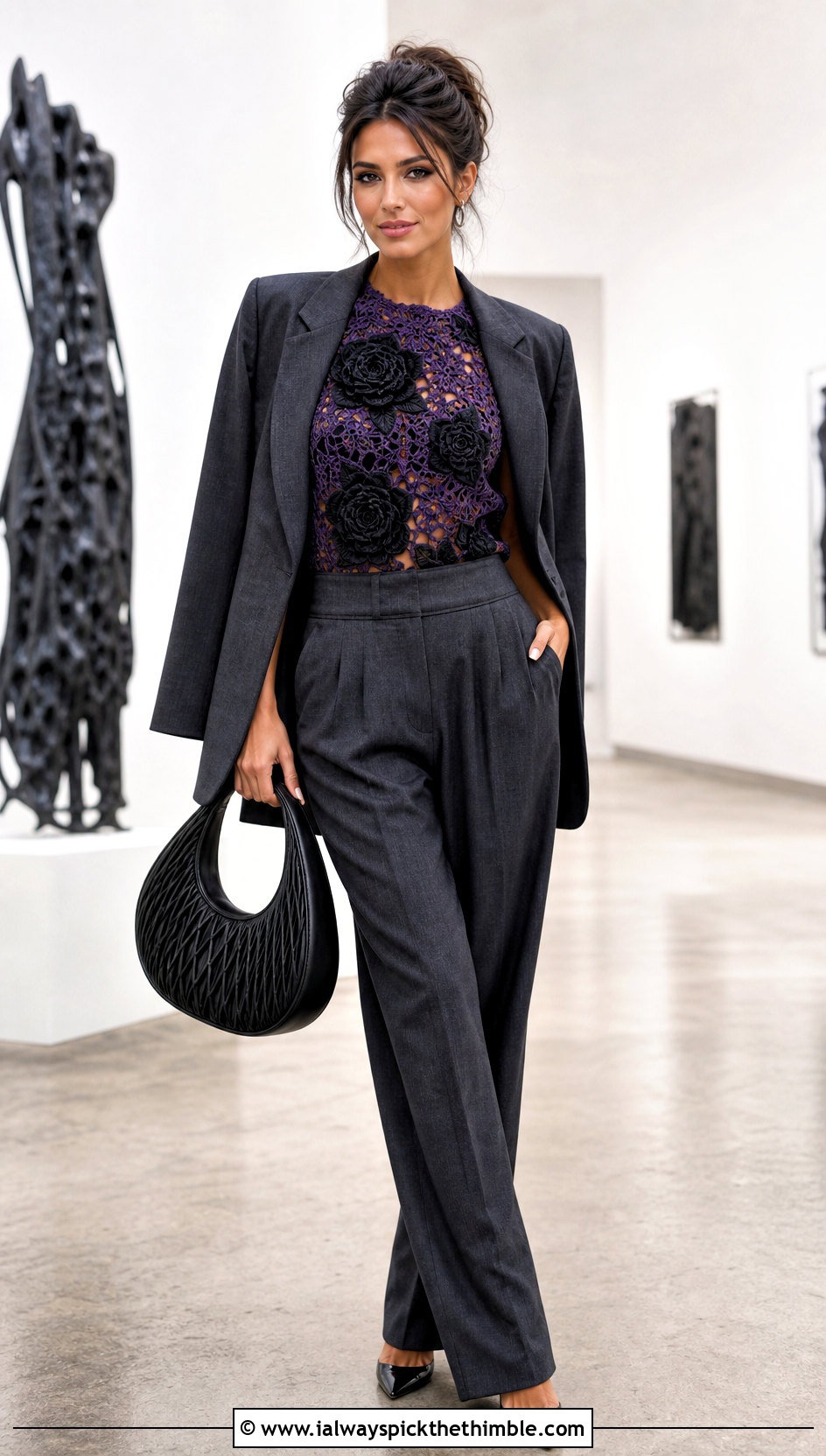 Black Rose Crochet Top With Tailored Suit - 20 crochet halloween outfit ideas