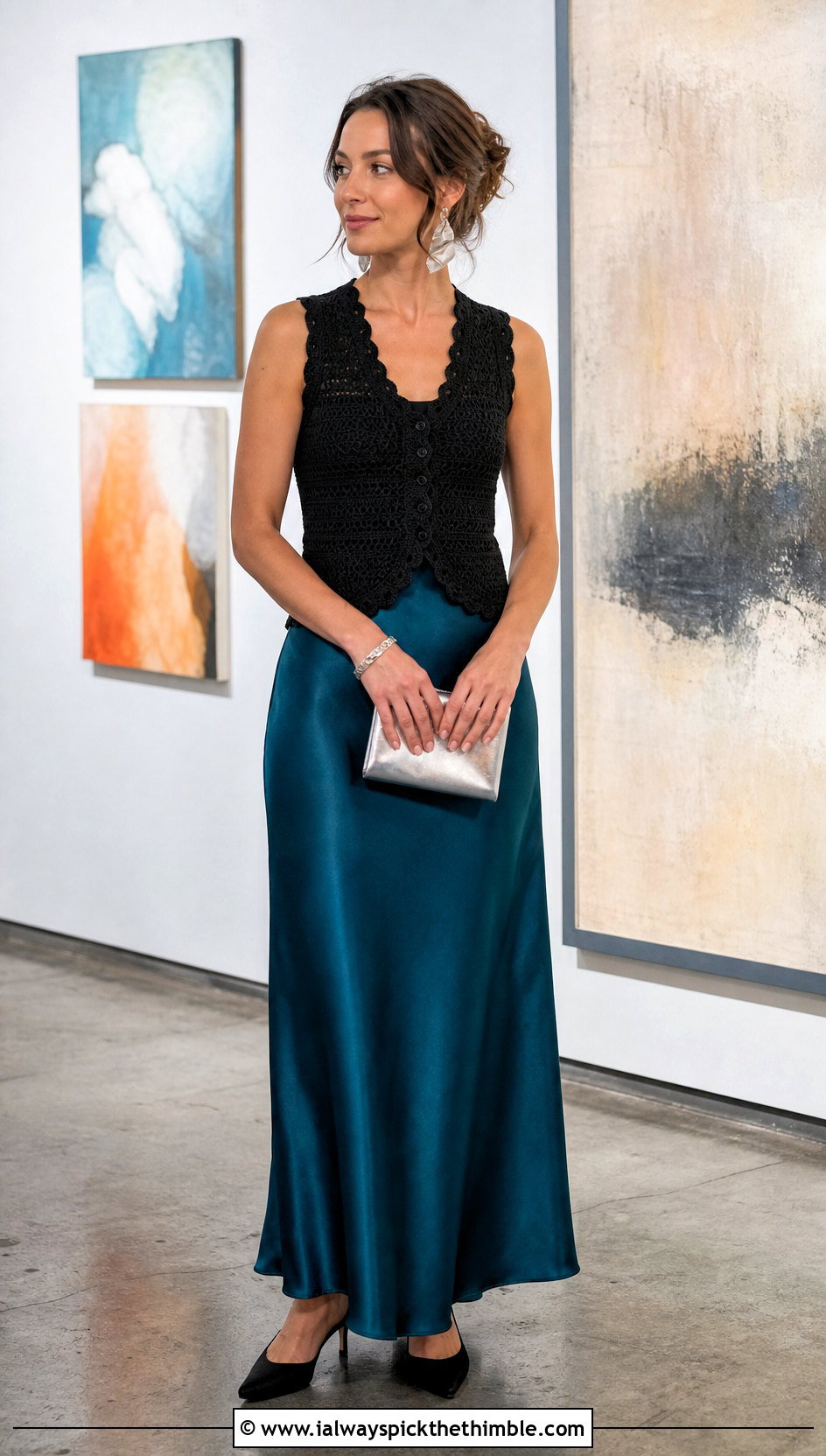 Black Scallop Edge Crochet Vest With Satin Maxi Skirt - 15 Black Crochet Summer Vest outfit ideas