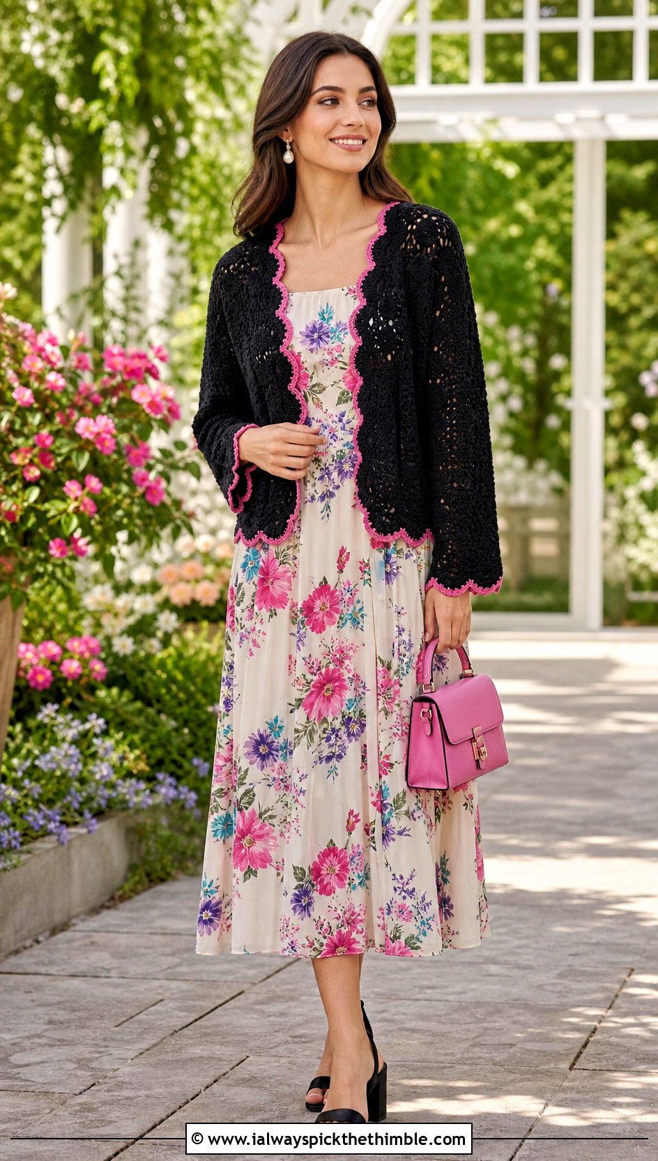Black Scalloped Crochet Cardigan With Floral Midi Dress - 25 black crochet cardigan outfit ideas