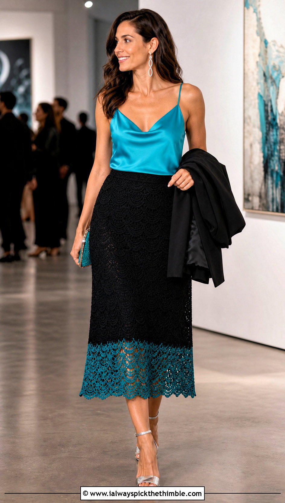 Black Scalloped Crochet Skirt With Satin Camisole - 15 Black Crochet Skirt Design outfit ideas