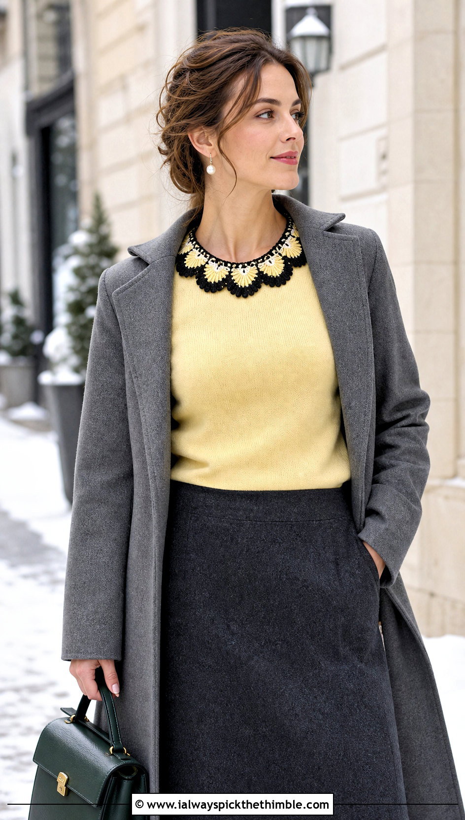 Black Shell Edge Crochet Lace Collar With Sweater And Midi Skirt - 15 Black Crocheted Lace Collar outfit ideas