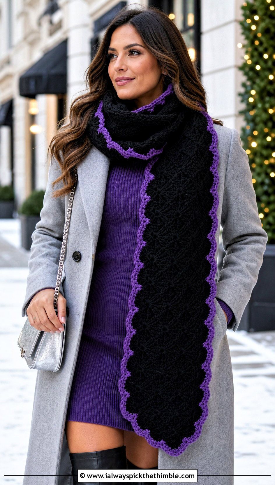 Black Shell Stitch Crochet Scarf With Sweater Dress And Knee High Boots - 15 Handmade Black Crochet Scarf outfit ideas