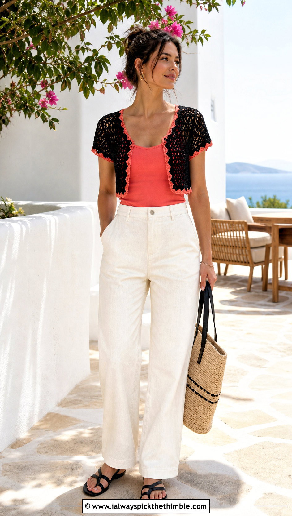 Black Short Sleeve Crochet Bolero With Linen Pants - 20 black crochet bolero outfit ideas