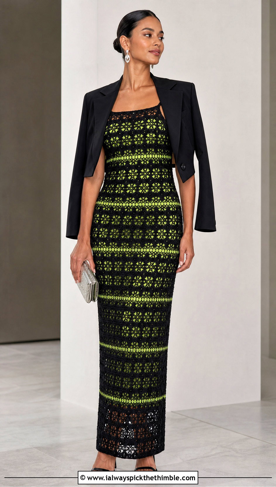 Black Sleeveless Column Crochet Maxi Dress With Blazer - 25 black crochet dress outfit ideas