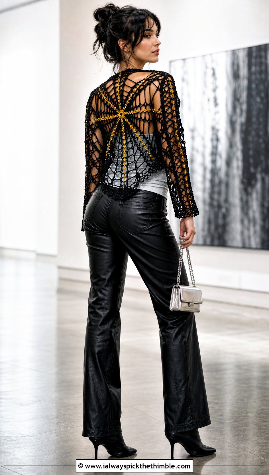 Black Spiderweb Back Shrug With Leather Pants - 25 black crochet shrug outfit ideas