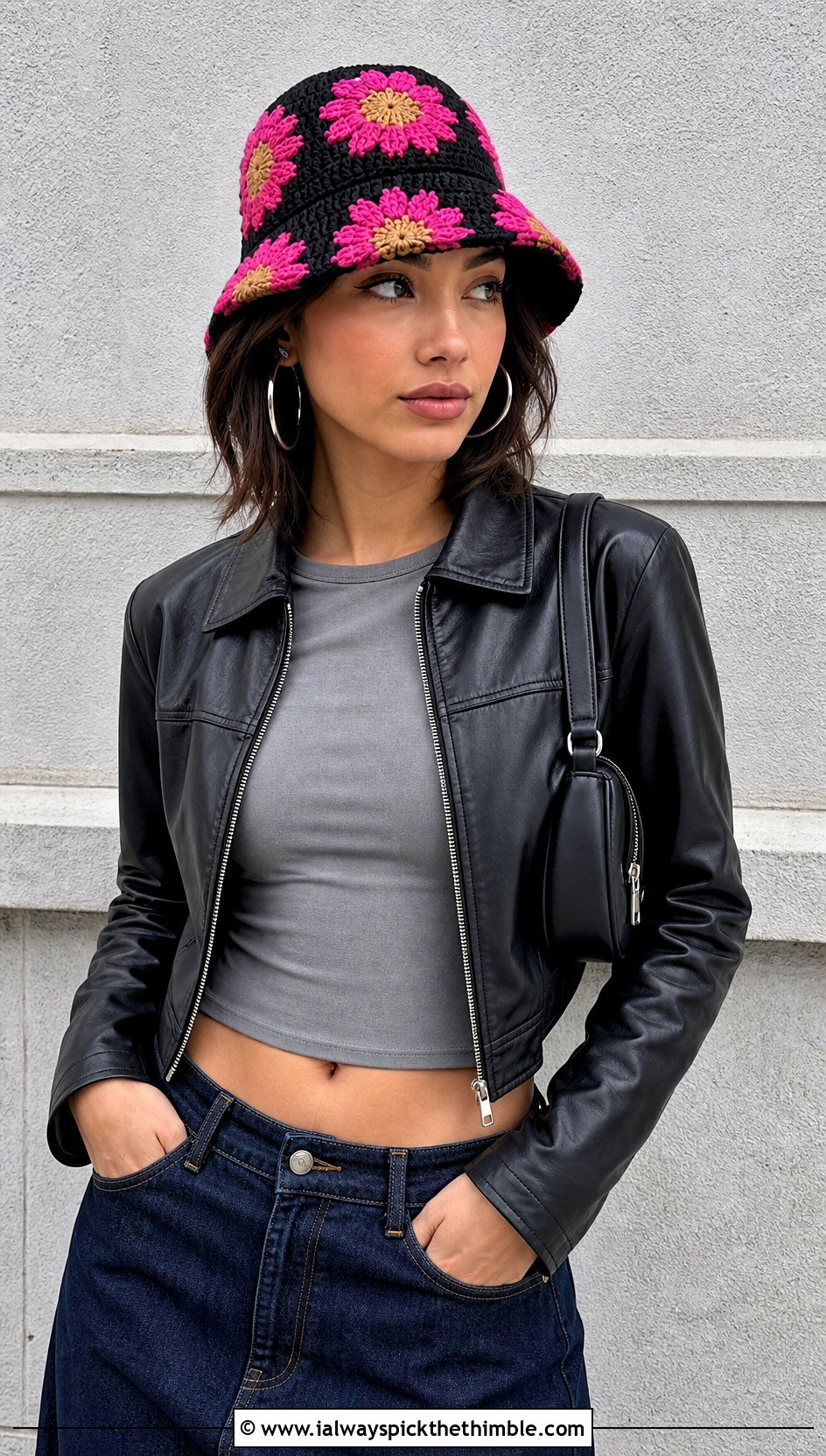 Black Sunflower Bucket Hat With Leather Jacket And Skirt - 25 crochet sunflower bucket hat outfit ideas