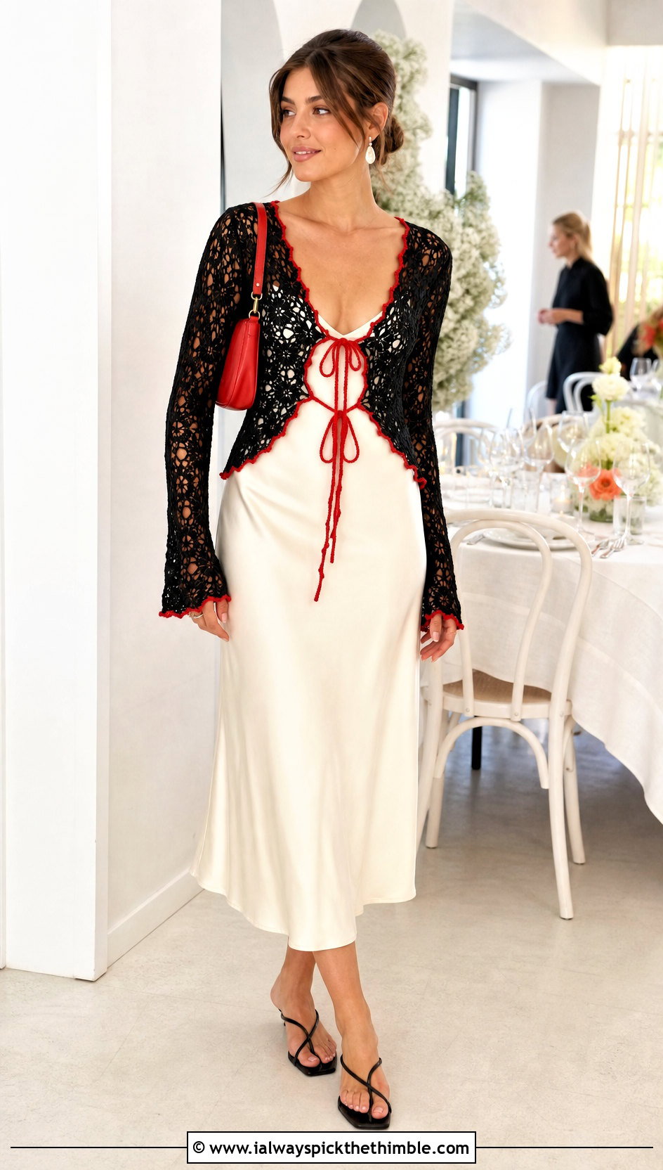 Black Tie Front Lace Shrug With Slip Dress - 25 black crochet shrug outfit ideas