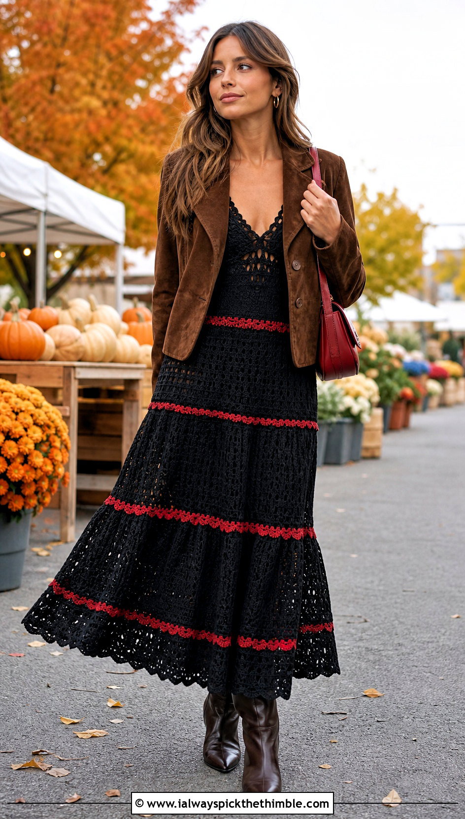Black Tiered Crochet Maxi Dress With Western Boots - 25 black crochet dress outfit ideas
