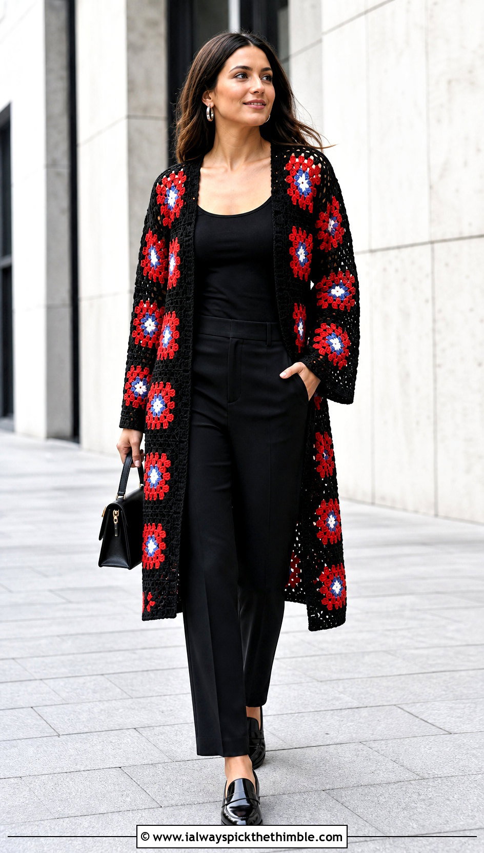 Black Trim Granny Square Kimono With Monochrome Outfit - 20 granny square kimono outfit ideas