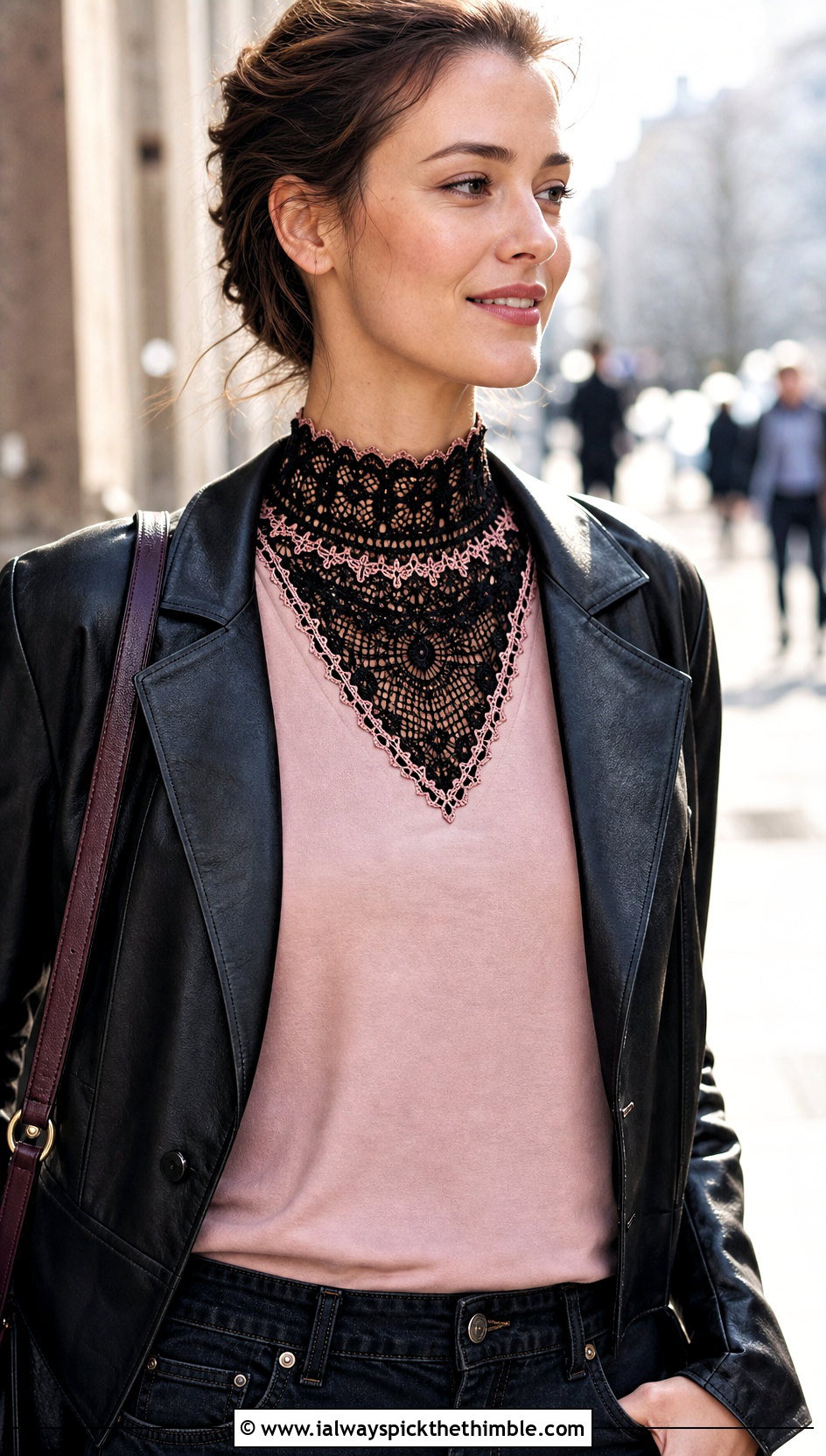 Black Victorian High Neck Crochet Lace Collar With Leather Jacket - 15 Black Crocheted Lace Collar outfit ideas