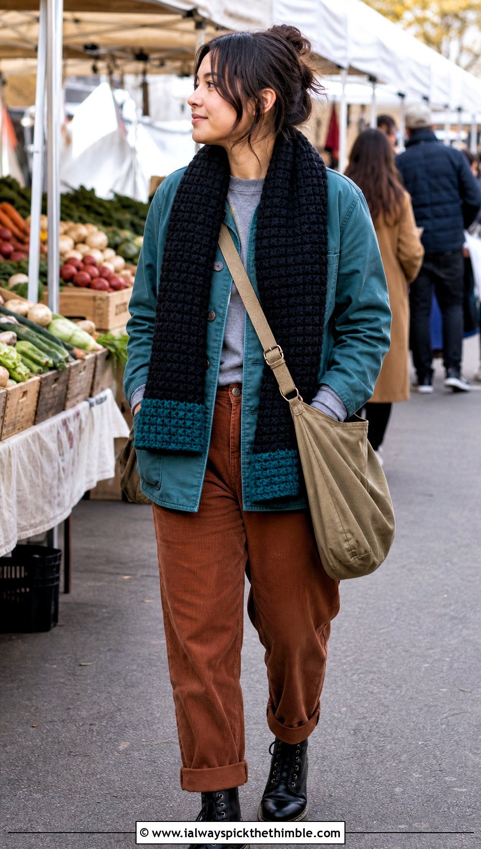 Black Waffle Stitch Crochet Scarf With Chore Jacket And Corduroy Pants - 15 Handmade Black Crochet Scarf outfit ideas