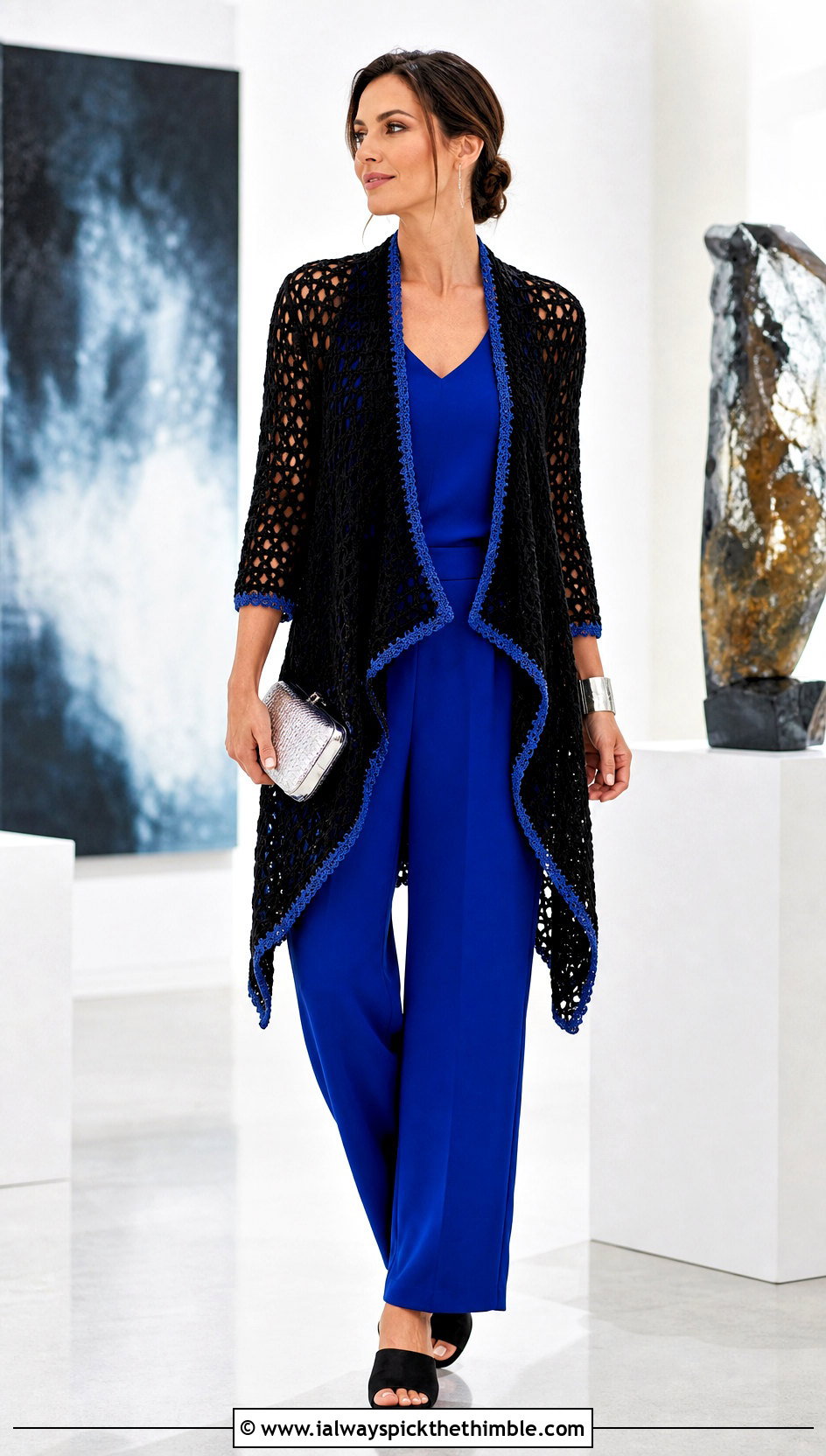 Black Waterfall Crochet Cardigan With Jumpsuit - 25 black crochet cardigan outfit ideas