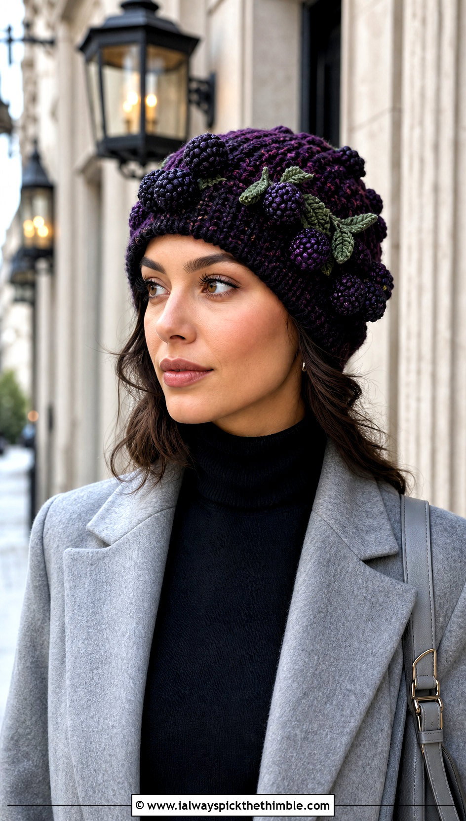Blackberry Crochet Beanie With Long Wool Coat - 20 crochet fruit beanie outfit ideas