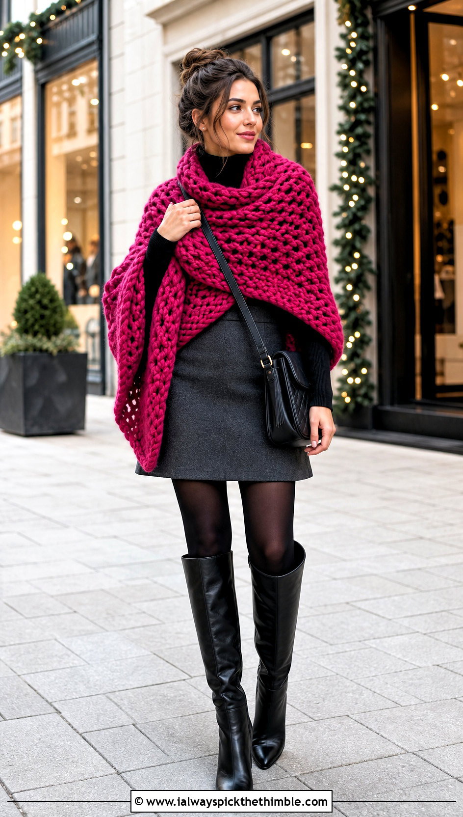 Blanket Bulky Yarn Crochet Shawl With Mini Skirt And Tall Boots - 20 Bulky Yarn Crochet Shawl outfit ideas