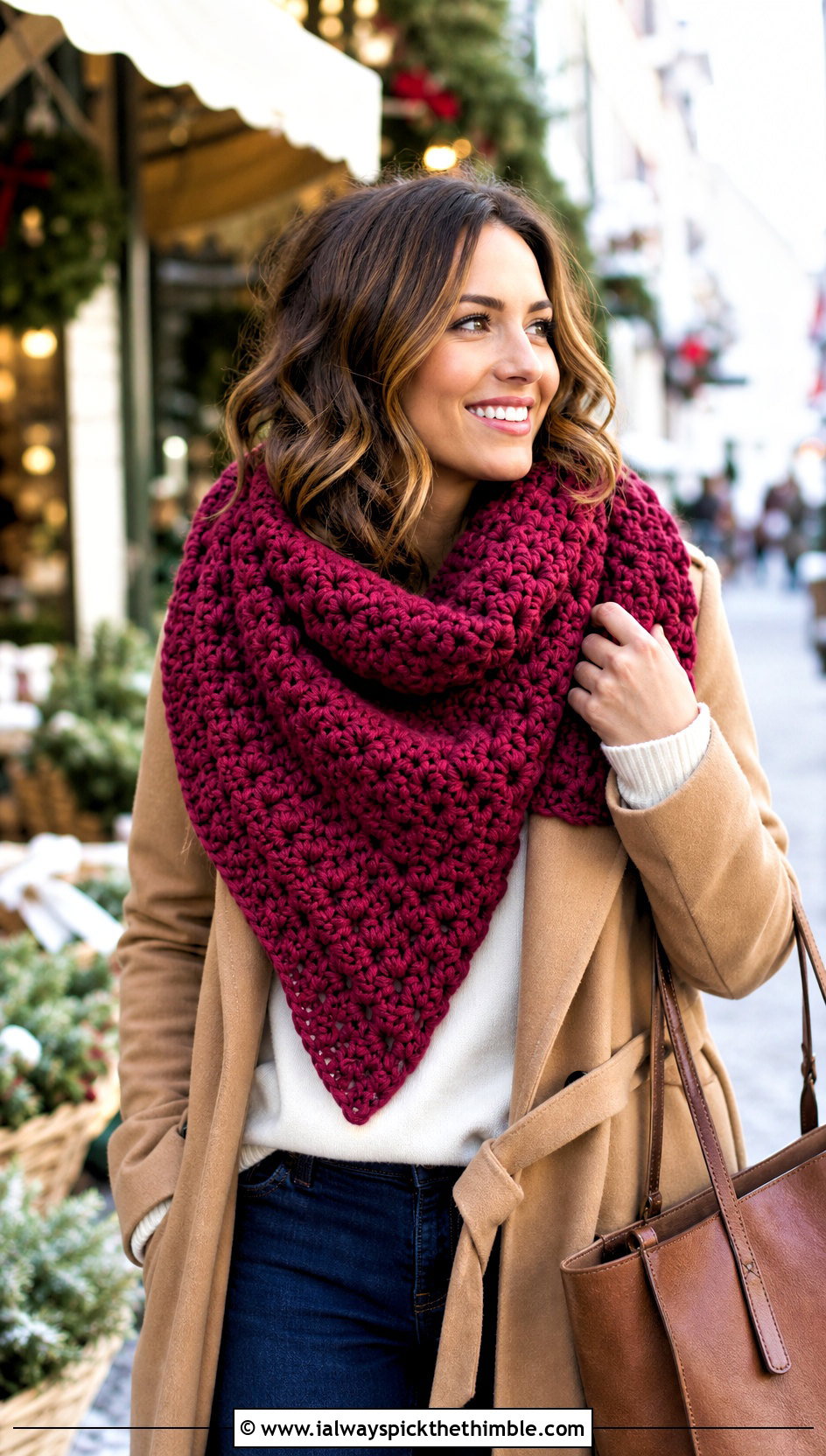 Blanket Crochet Scarf With Belted Coat - 25 crocheted scarf outfit ideas