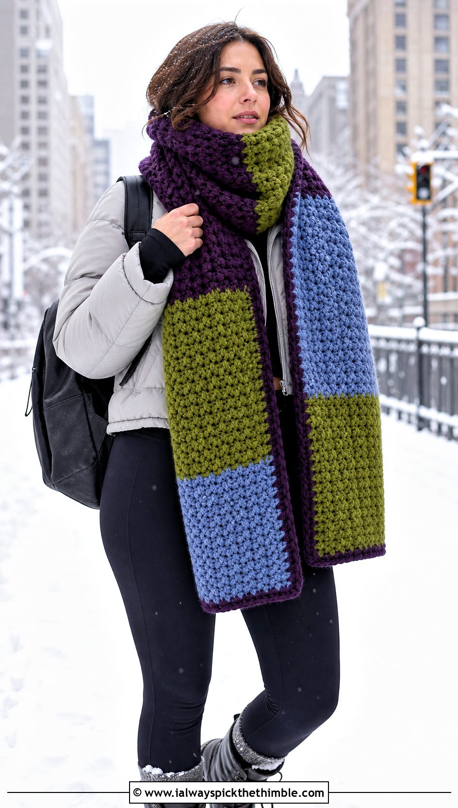 Blanket Crochet Scarf With Cropped Puffer - 15 unusual crochet scarf outfit ideas