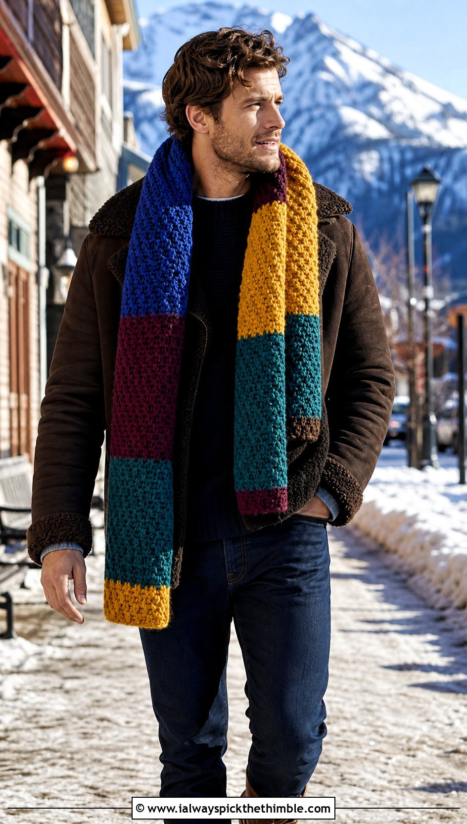 Blanket Crochet Scarf With Shearling Jacket - 20 Mens Crochet Scarf outfit ideas
