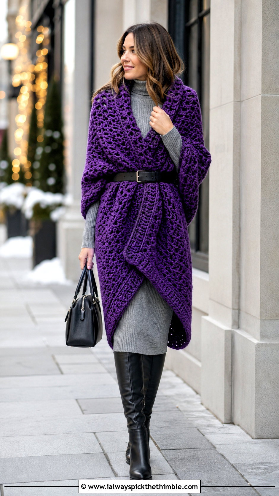 Blanket Crochet Wrap With Knit Midi Dress - 25 crochet shawls and wraps outfit ideas