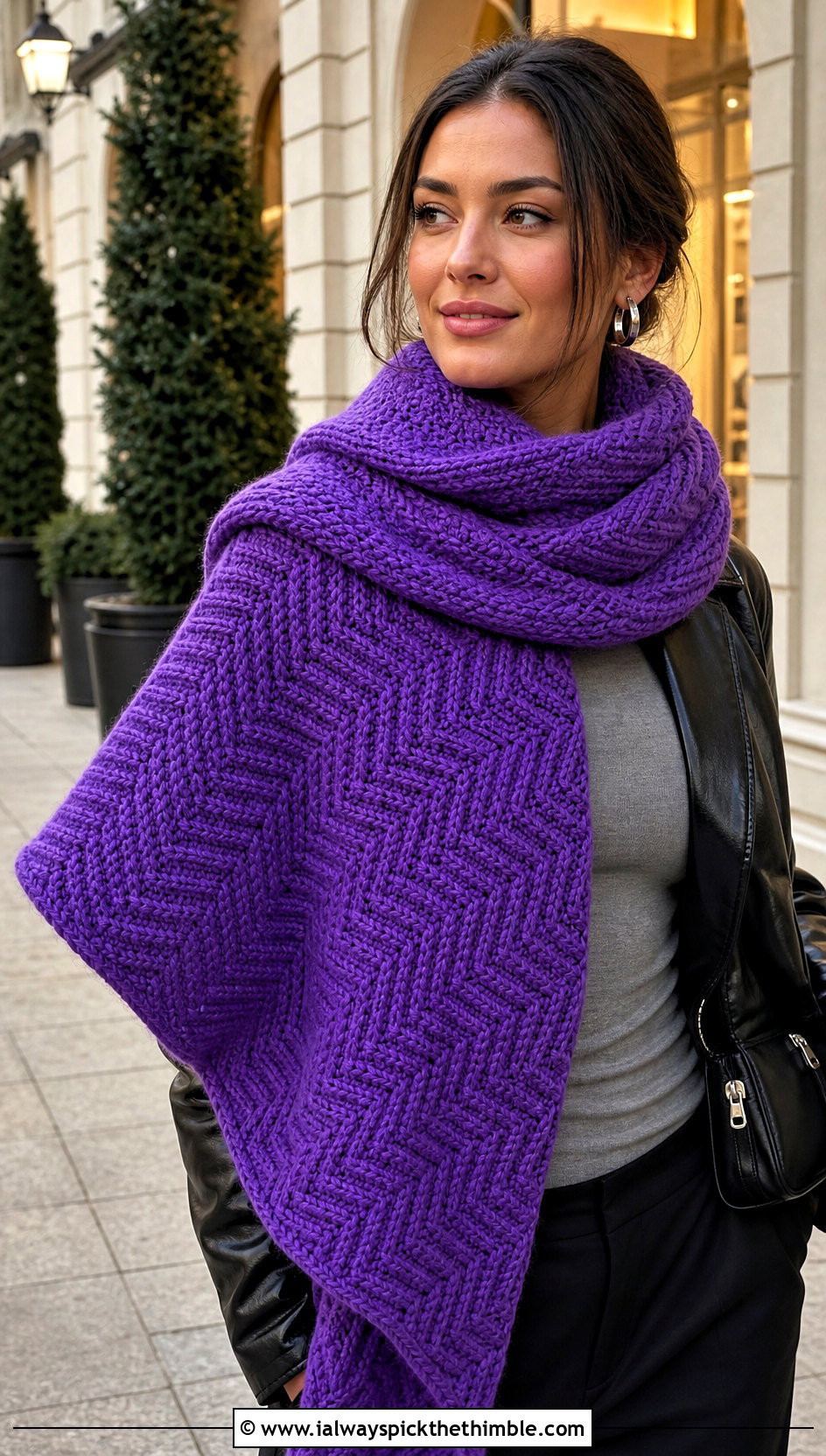 Blanket Herringbone Crochet Scarf With Leather Jacket - 15 Herringbone Crochet Scarf outfit ideas