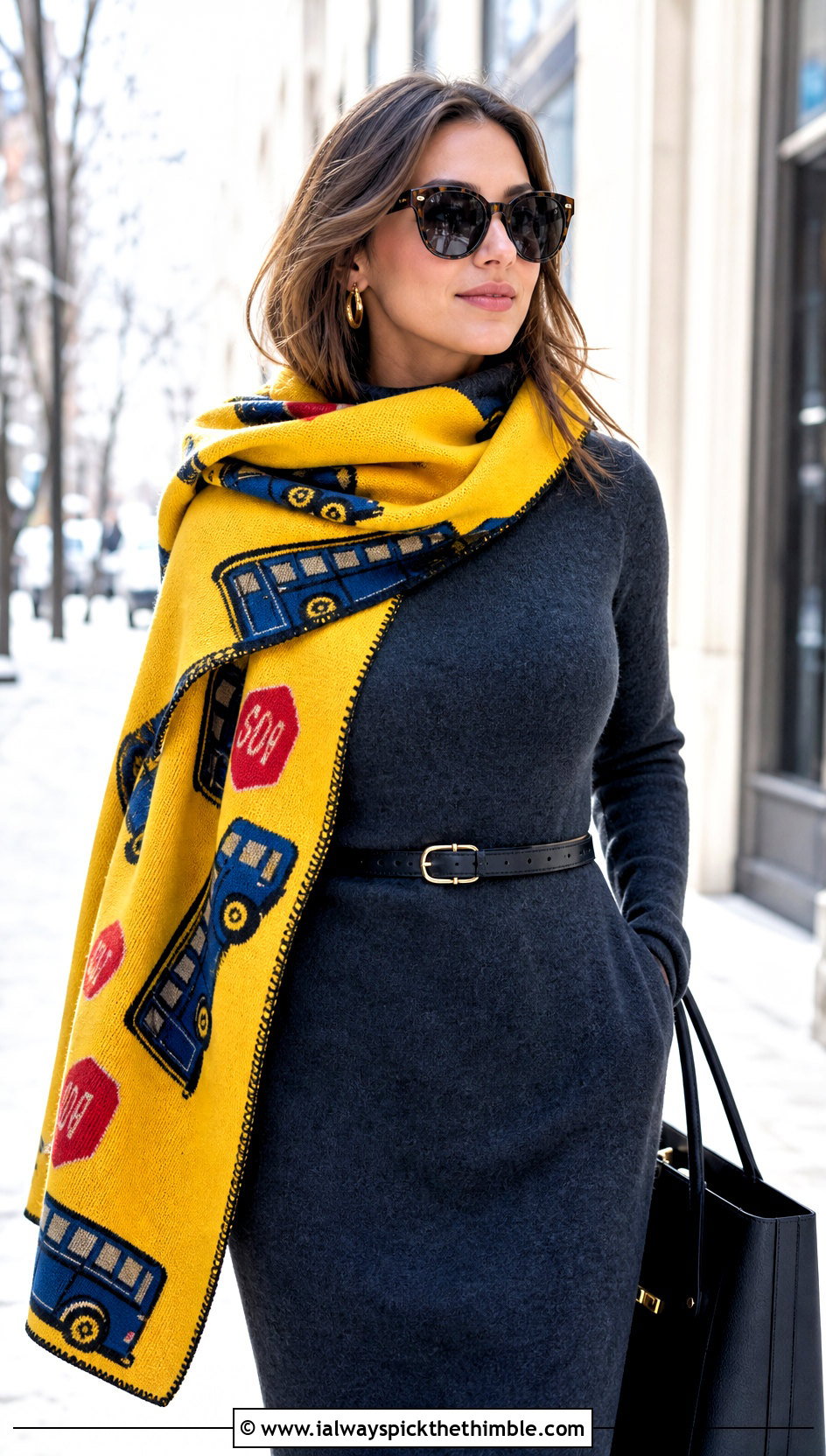 Blanket School Bus Scarf With Sweater Dress - 20 Crochet School Bus Scarf outfit ideas