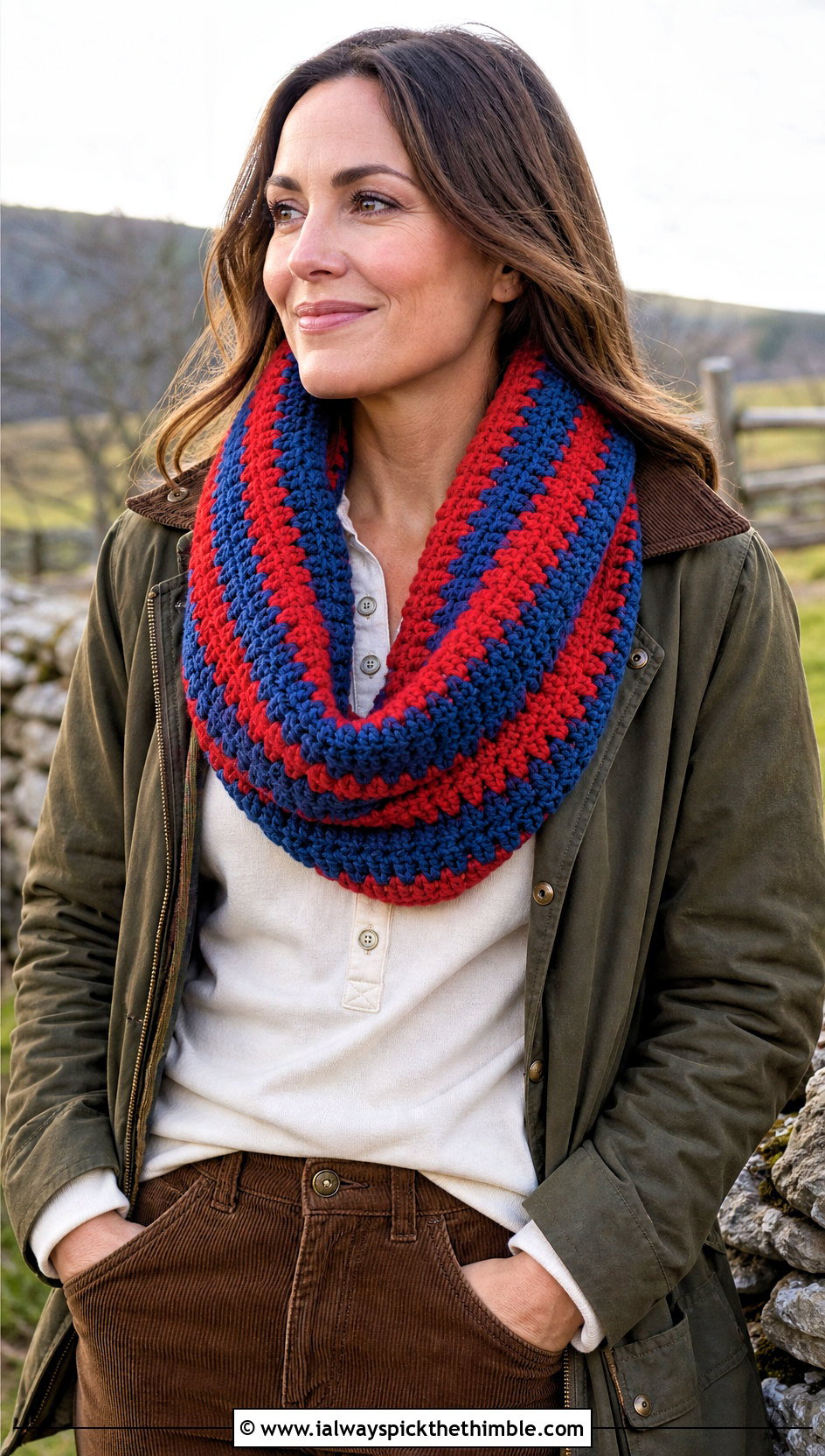 Blanket Stitch Striped Crochet Infinity Scarf With Barn Jacket - 15 Striped Crochet Infinity Scarf outfit ideas