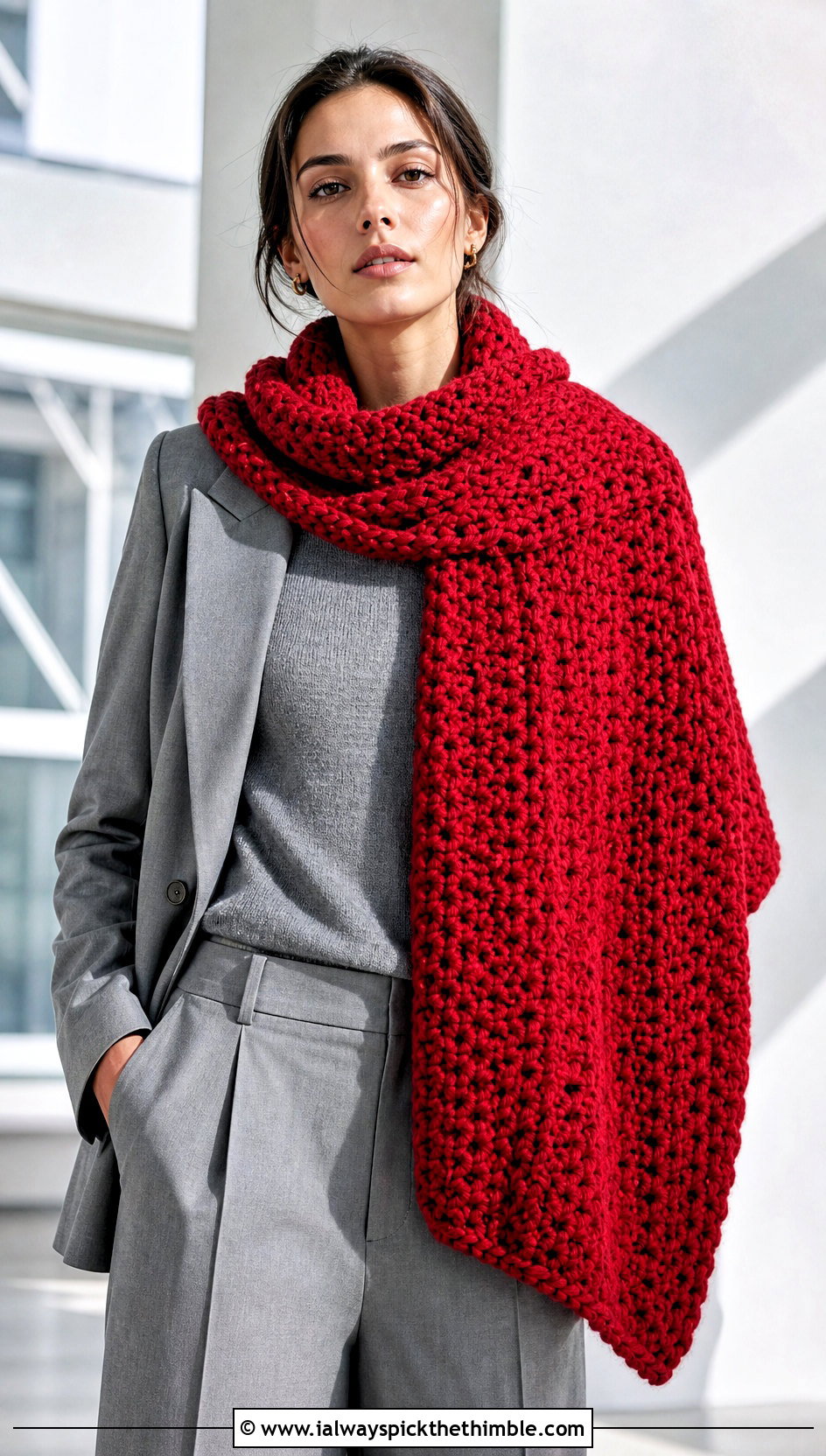 Blanket Style Bulky Crochet Scarf With Monochrome Suit - 15 Crochet For Scarves Using Bulky Yarn outfit ideas