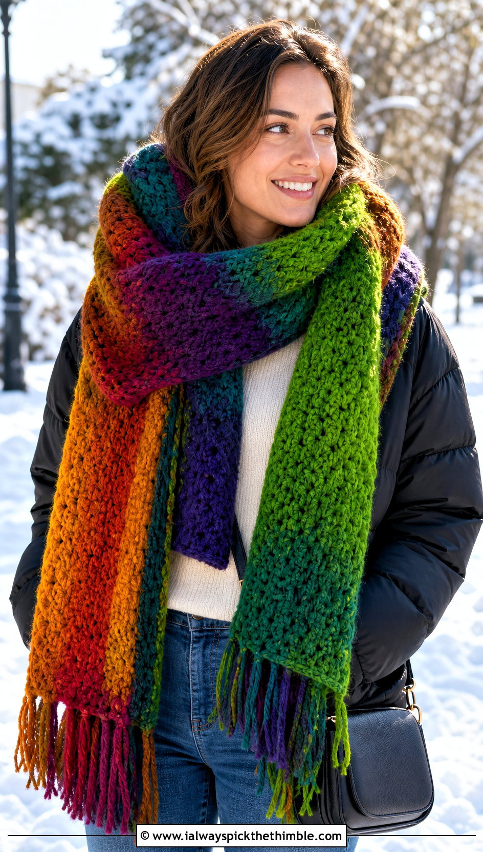 Blanket Temperature Scarf With Puffer Jacket - 20 crochet temperature scarf outfit ideas